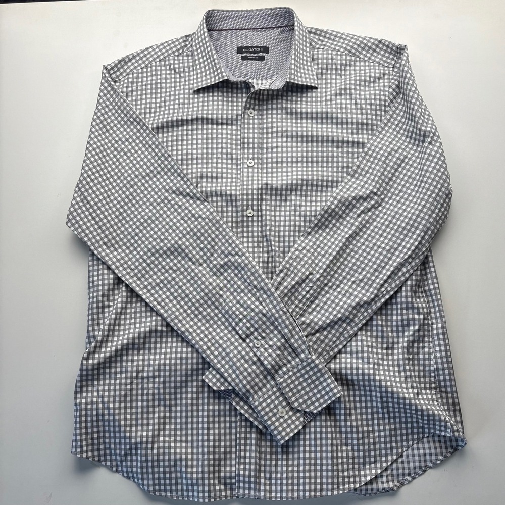 Bugatchi Mens XL Gingham Pattern Shaped Fit Long Sleeve Dress‎ Shirt